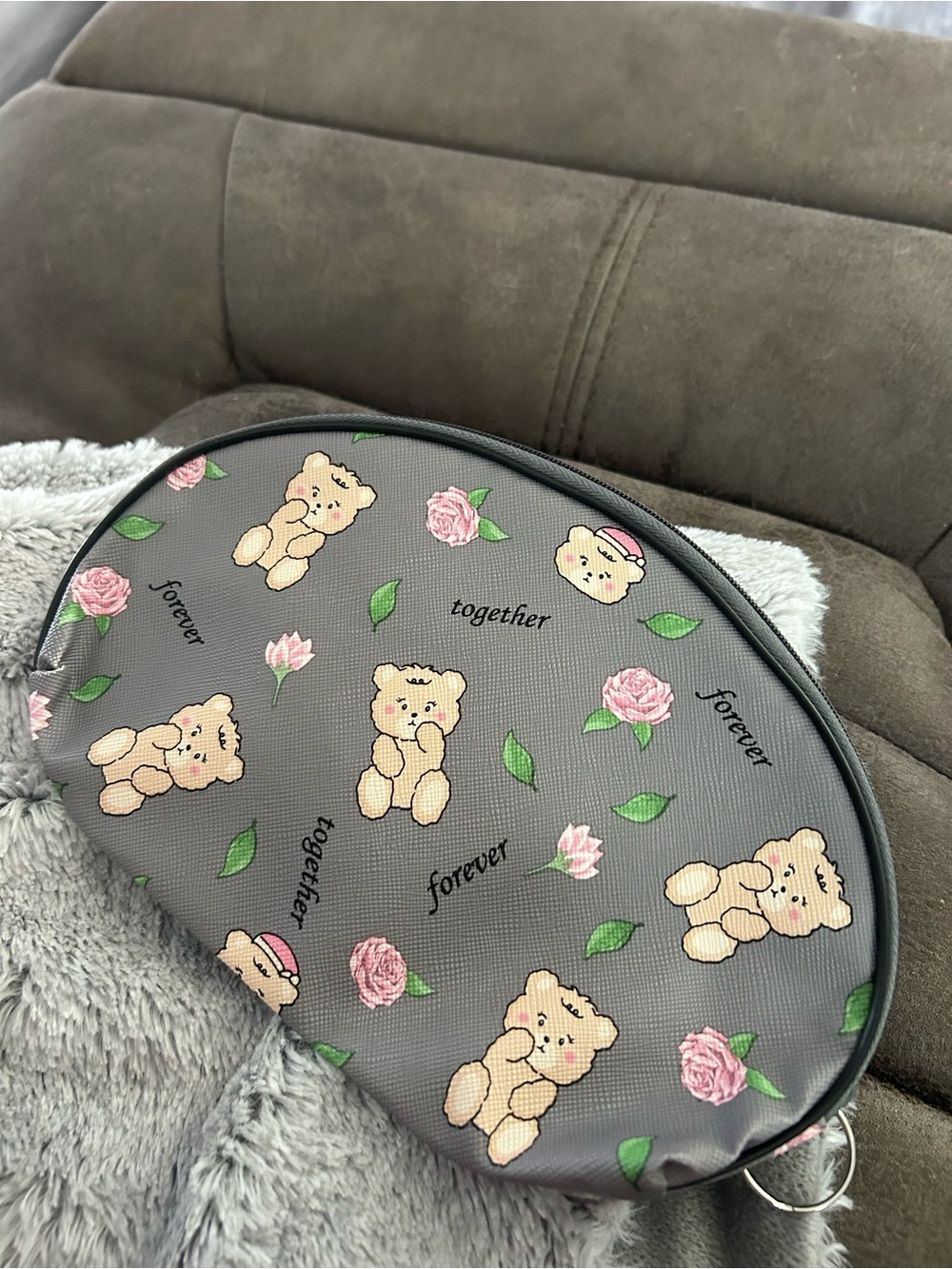 4/$50 Gray Teddy & Rose Printed Cosmetic Pouch